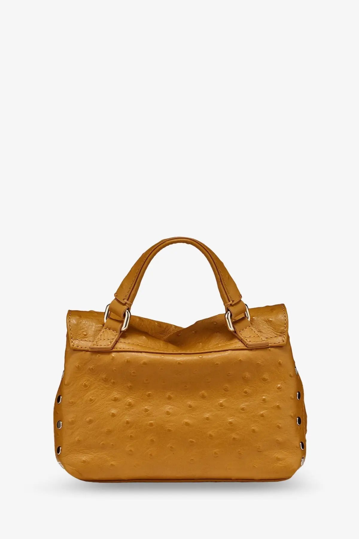A mustard-yellow ostrich-embossed leather handbag with silver hardware and top handles for women by Zanellato