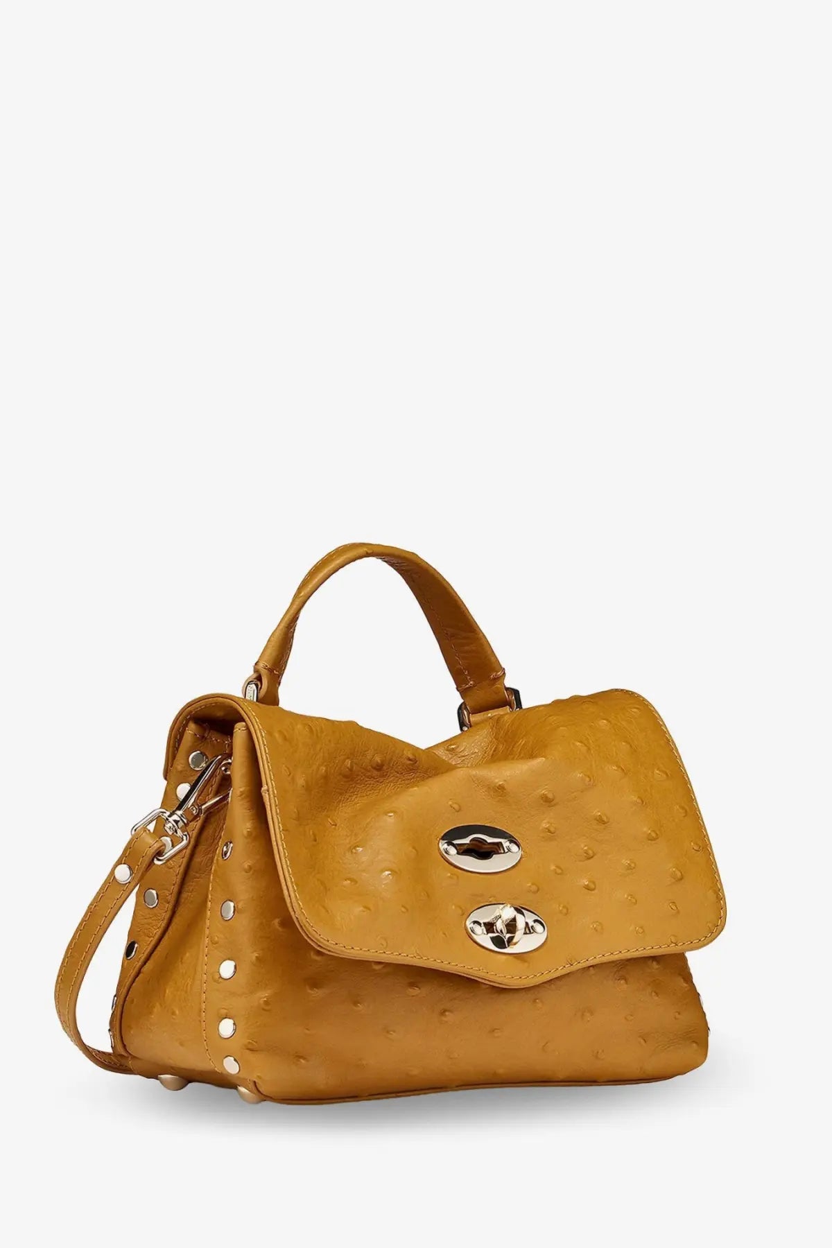 Zanellato womens postina cactus leather crossbody brown tan ostrich embossed handbag with silver hardware and studs