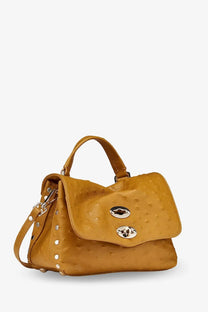 Zanellato womens postina cactus leather crossbody brown tan ostrich embossed handbag with silver hardware and studs