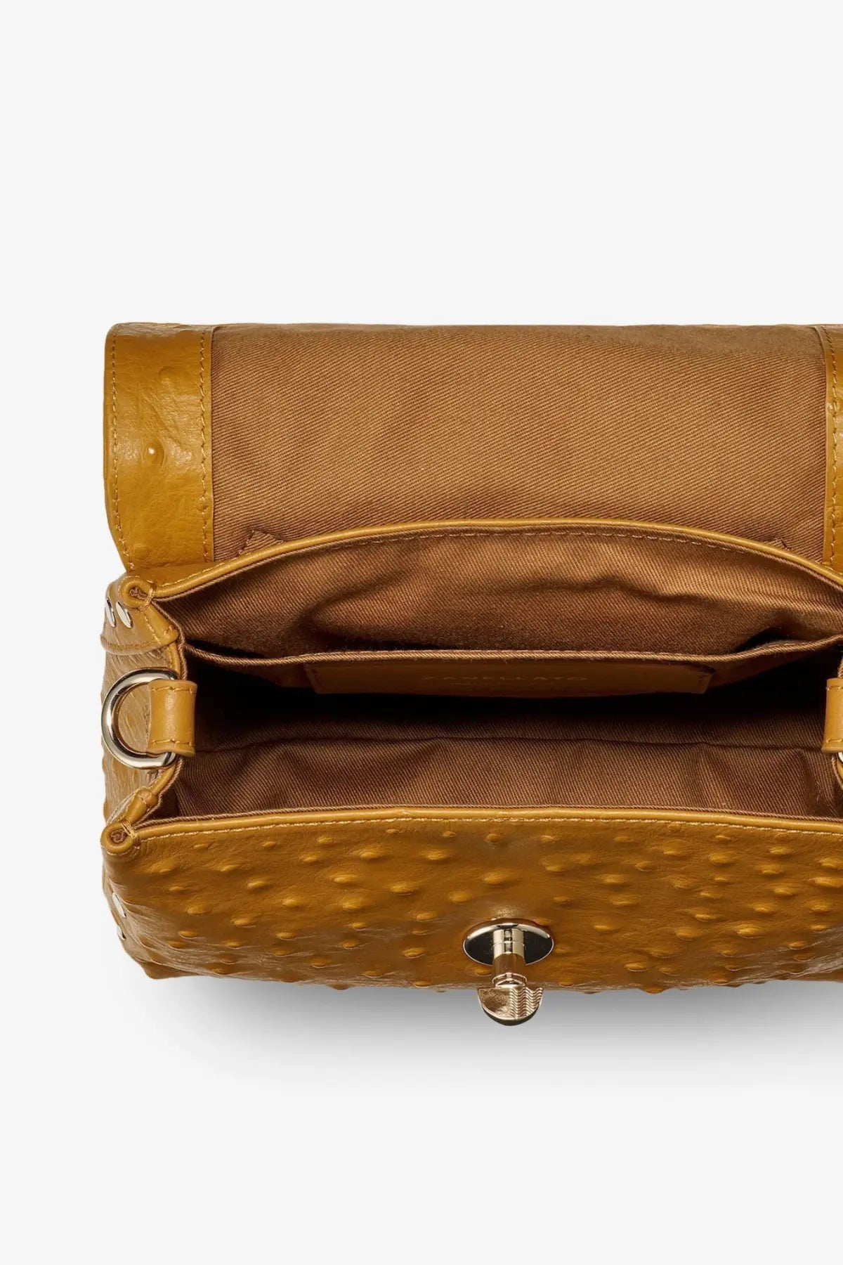 Zanellato women’s postina cactus leather crossbody brown with tan ostrich-embossed leather and gold-tone hardware