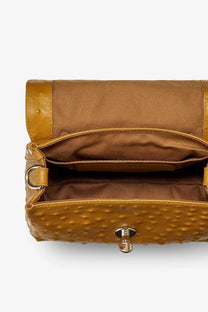 Zanellato women’s postina cactus leather crossbody brown with tan ostrich-embossed leather and gold-tone hardware