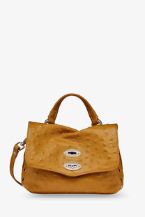 Tan ostrich-embossed leather Zanellato womens postina cactus brown crossbody satchel with silver hardware and shoulder strap