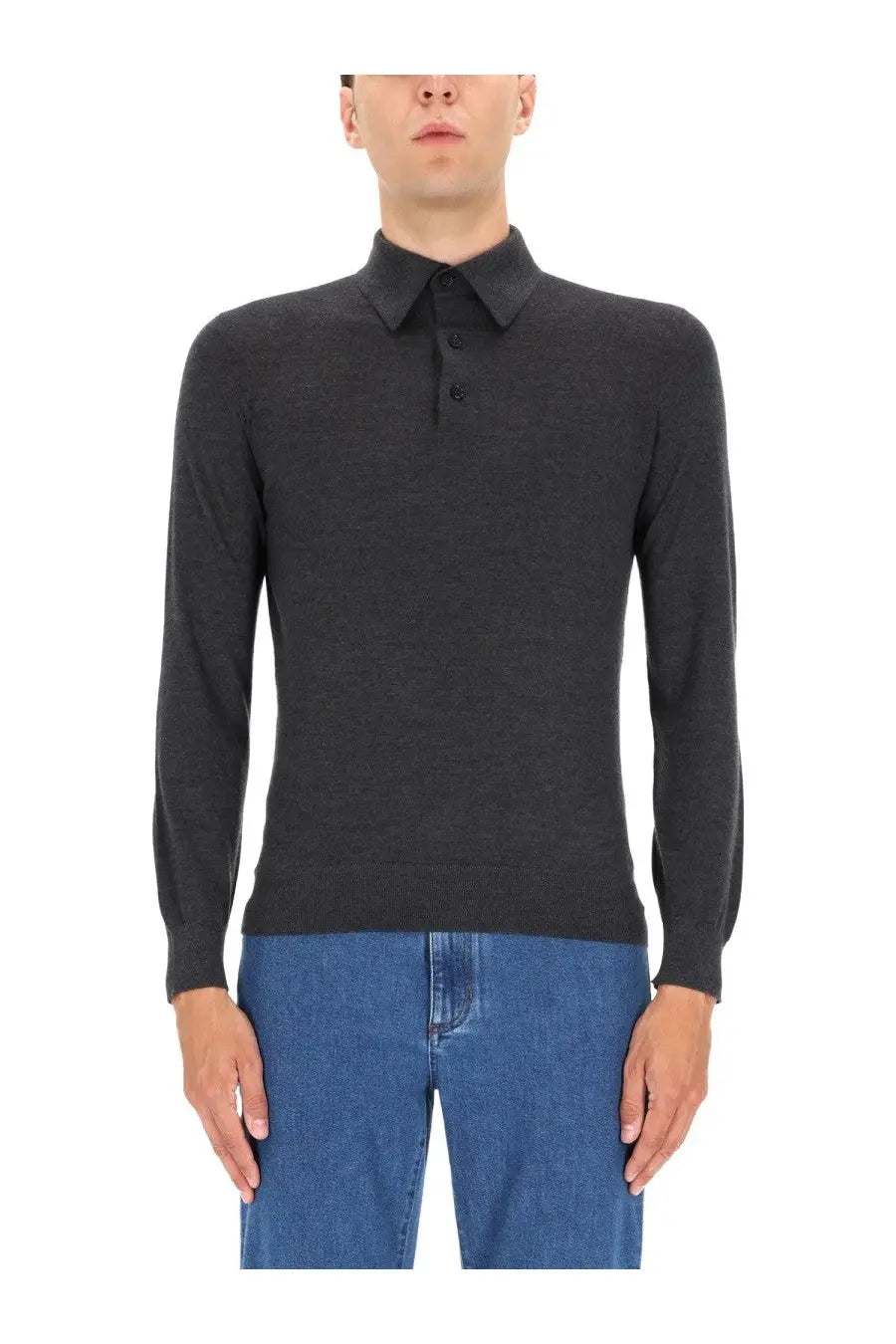 Dark gray zegna men’s cashmere polo shirt with classic collar and three-button placket long sleeves