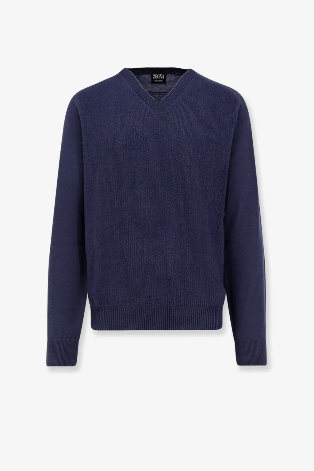 Navy blue zegna men’s cashmere v-neck sweater with fine knit texture and ribbed cuffs for stylish comfort