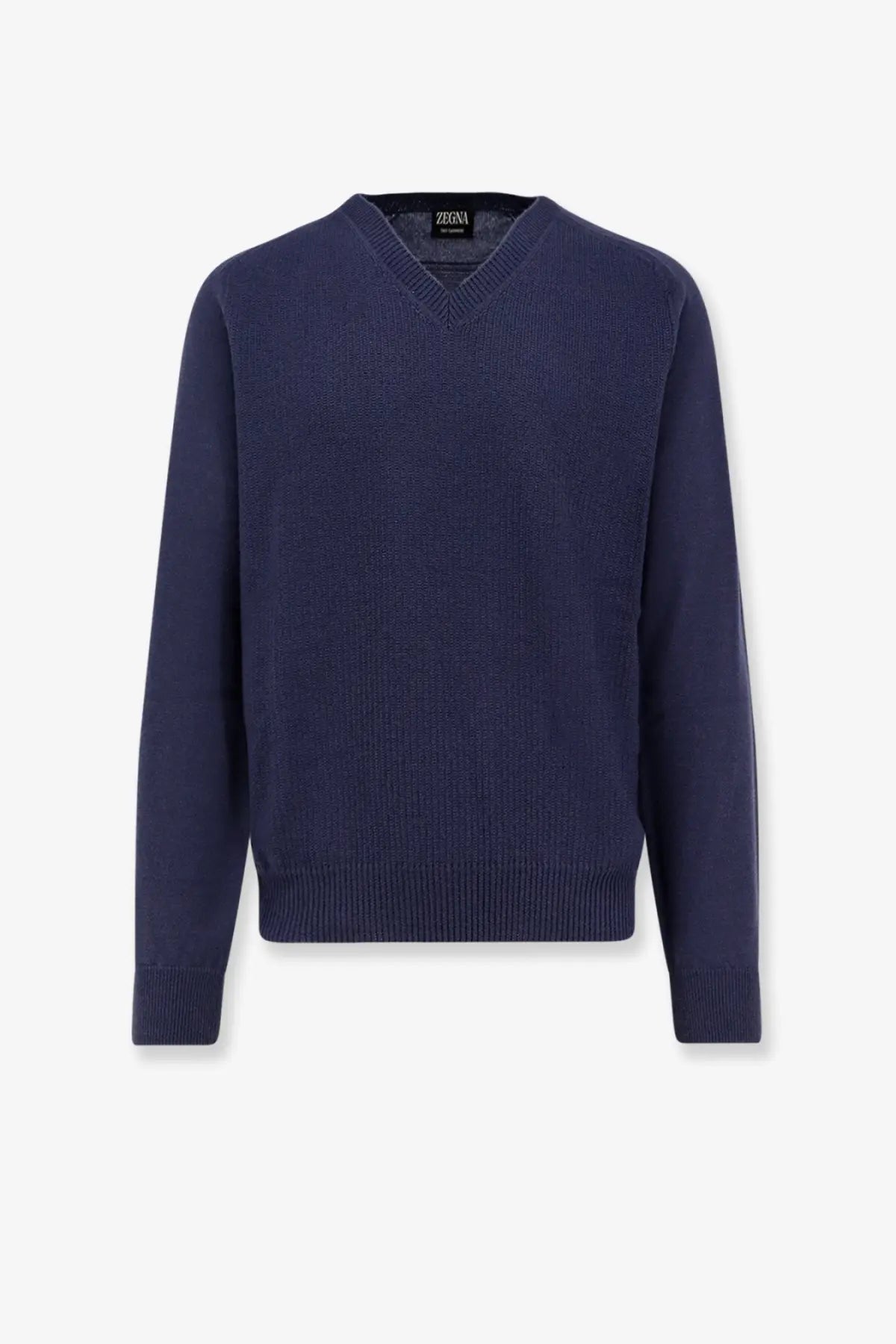 Navy blue zegna men’s cashmere v-neck sweater with fine knit texture and ribbed cuffs for stylish comfort