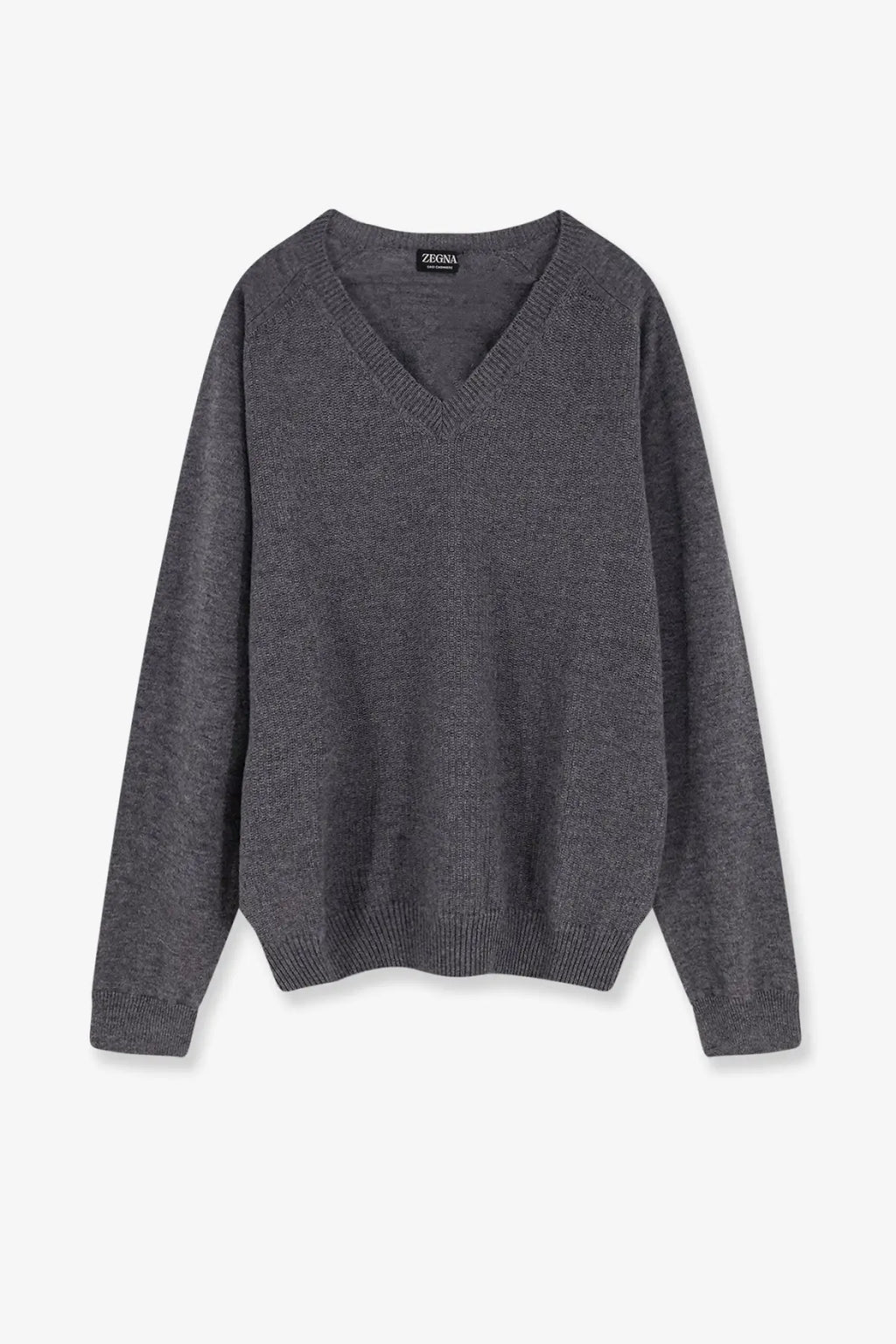 Zegna men’s cashmere sweater grey with a dark gray finely knitted v neck and ribbed cuffs and hem