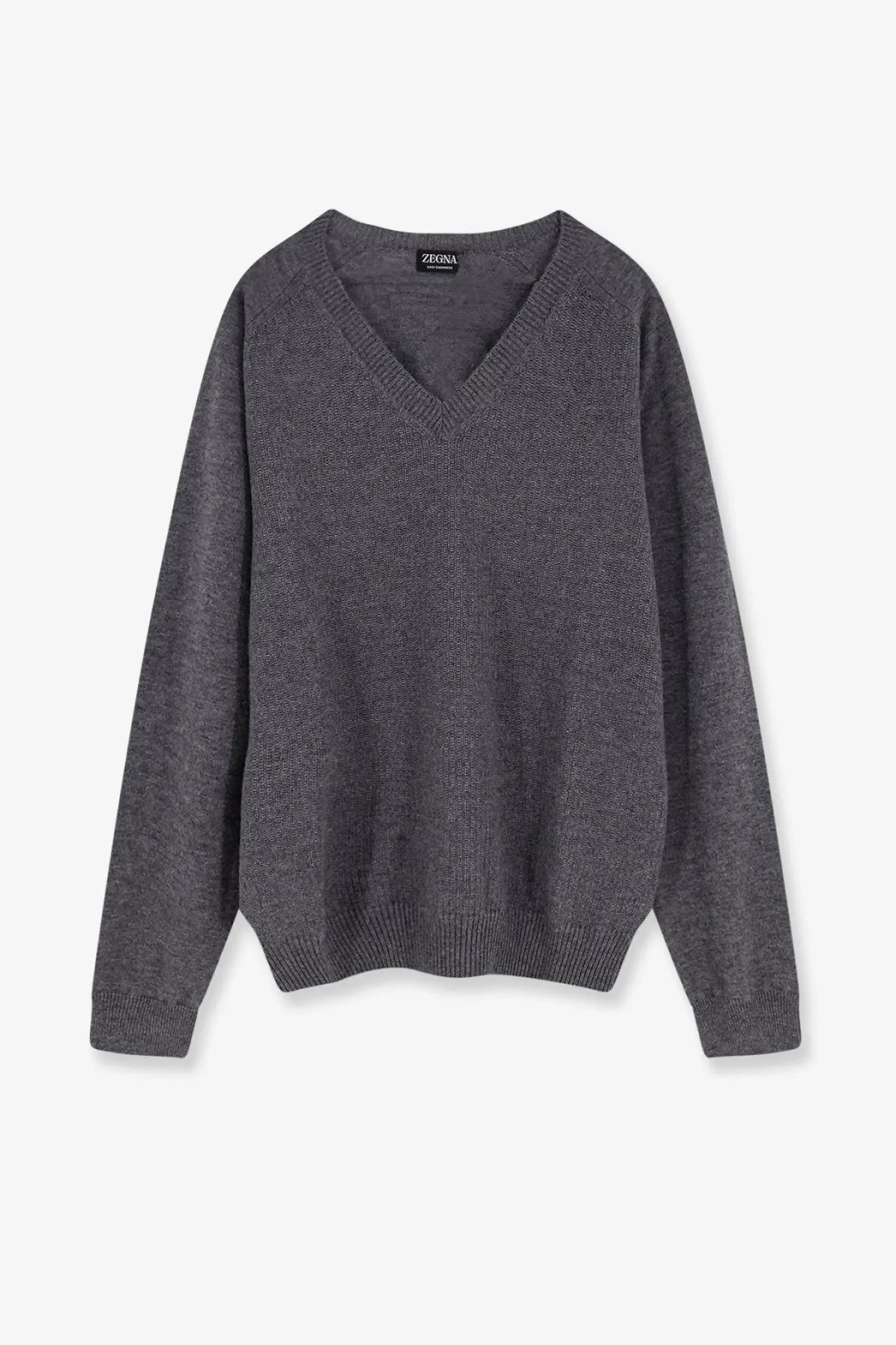 Zegna men’s cashmere sweater grey with a dark gray finely knitted v neck and ribbed cuffs and hem