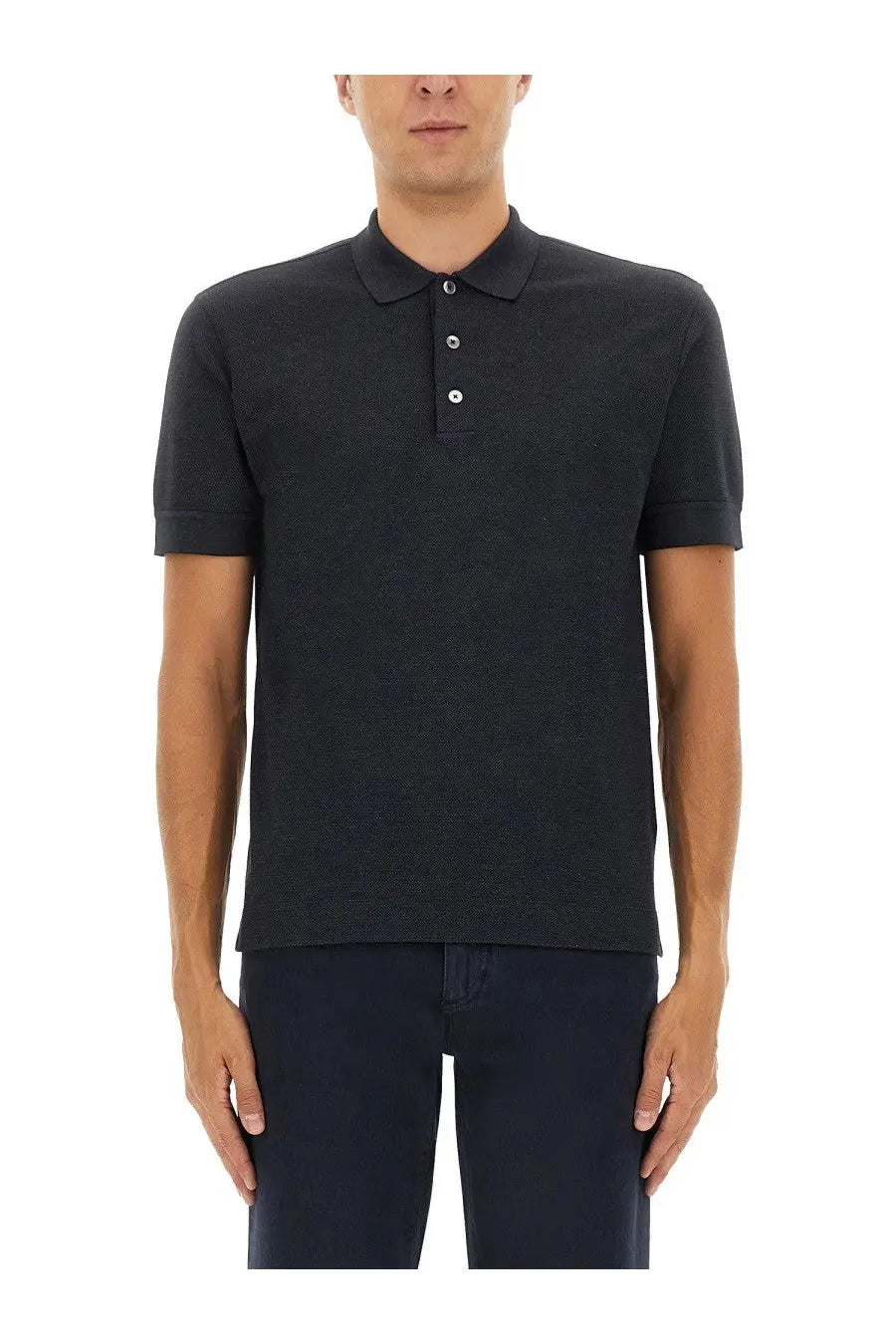 Zegna men’s black cotton blend polo shirt with classic collar and three white buttons textured fabric