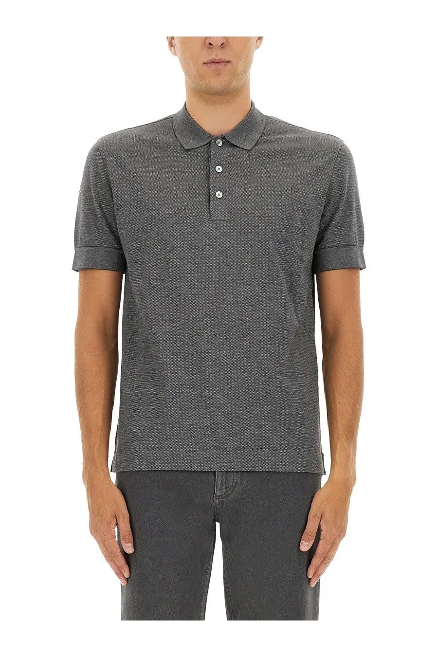 Zegna men’s cotton blend dark gray polo shirt with subtle woven pattern and white buttons for casual wear