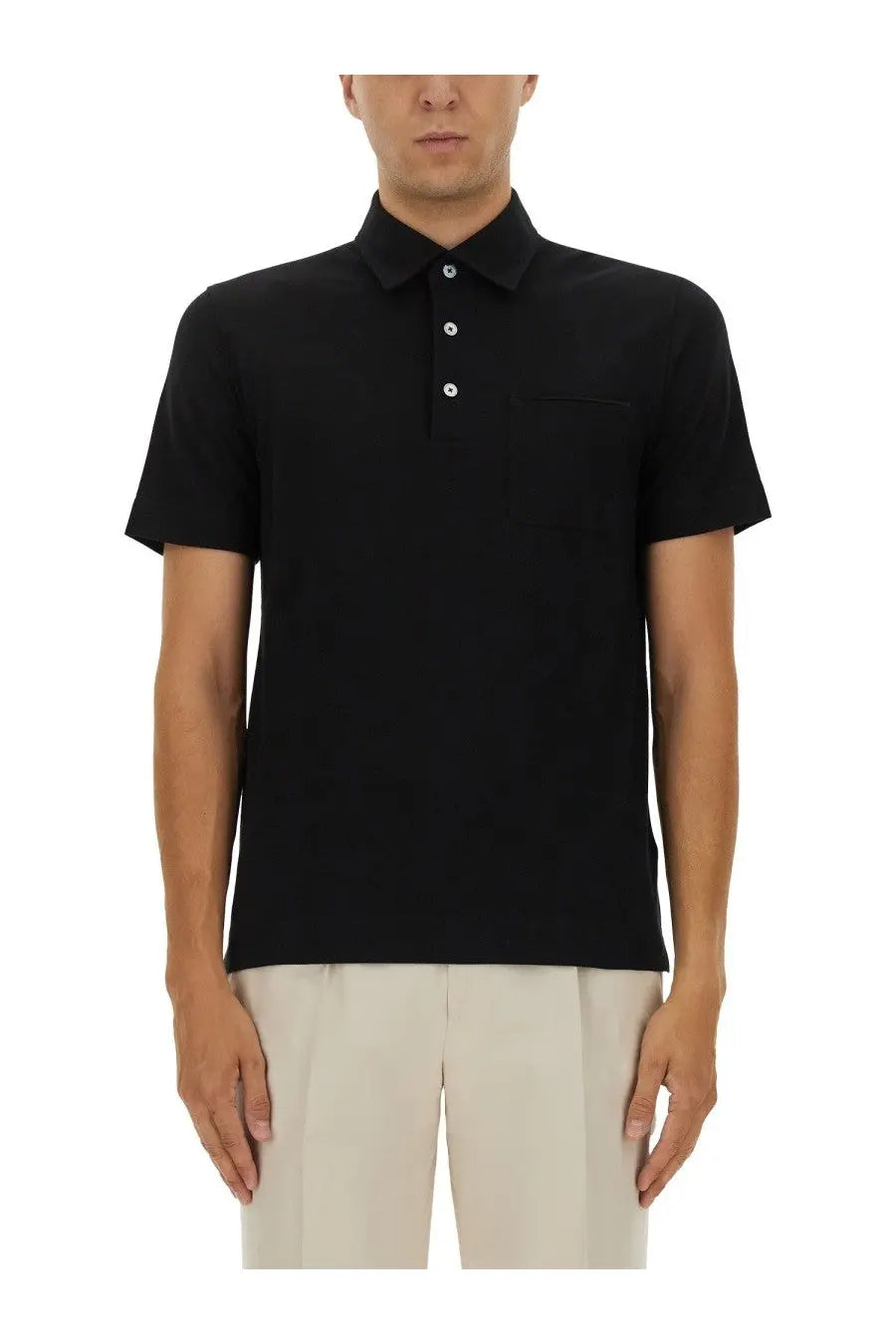 Zegna men’s black cotton polo shirt with short sleeves classic collar and white buttons front view