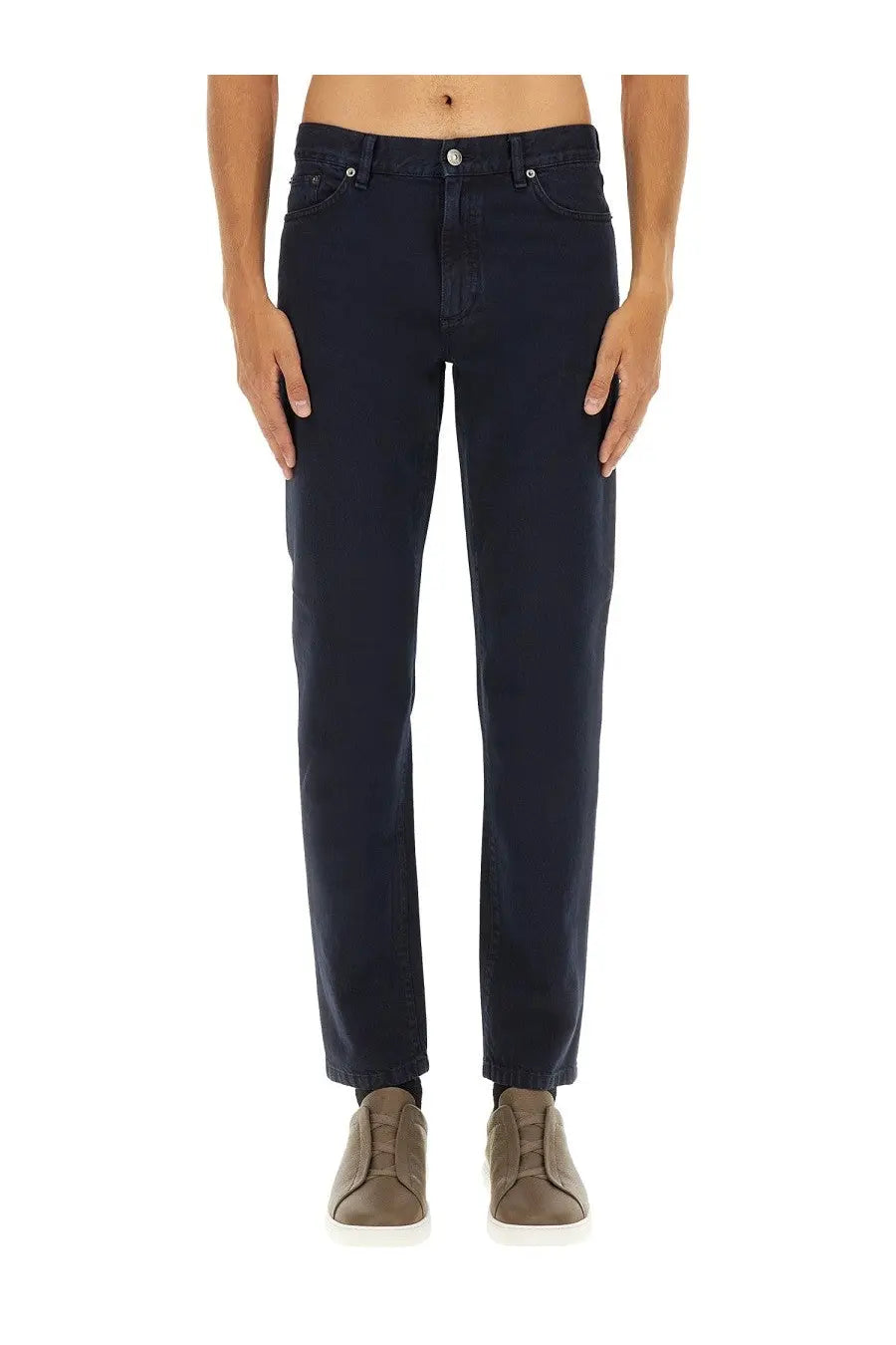 Zegna men’s dark blue denim pants with straight-leg cut and classic five-pocket design in black