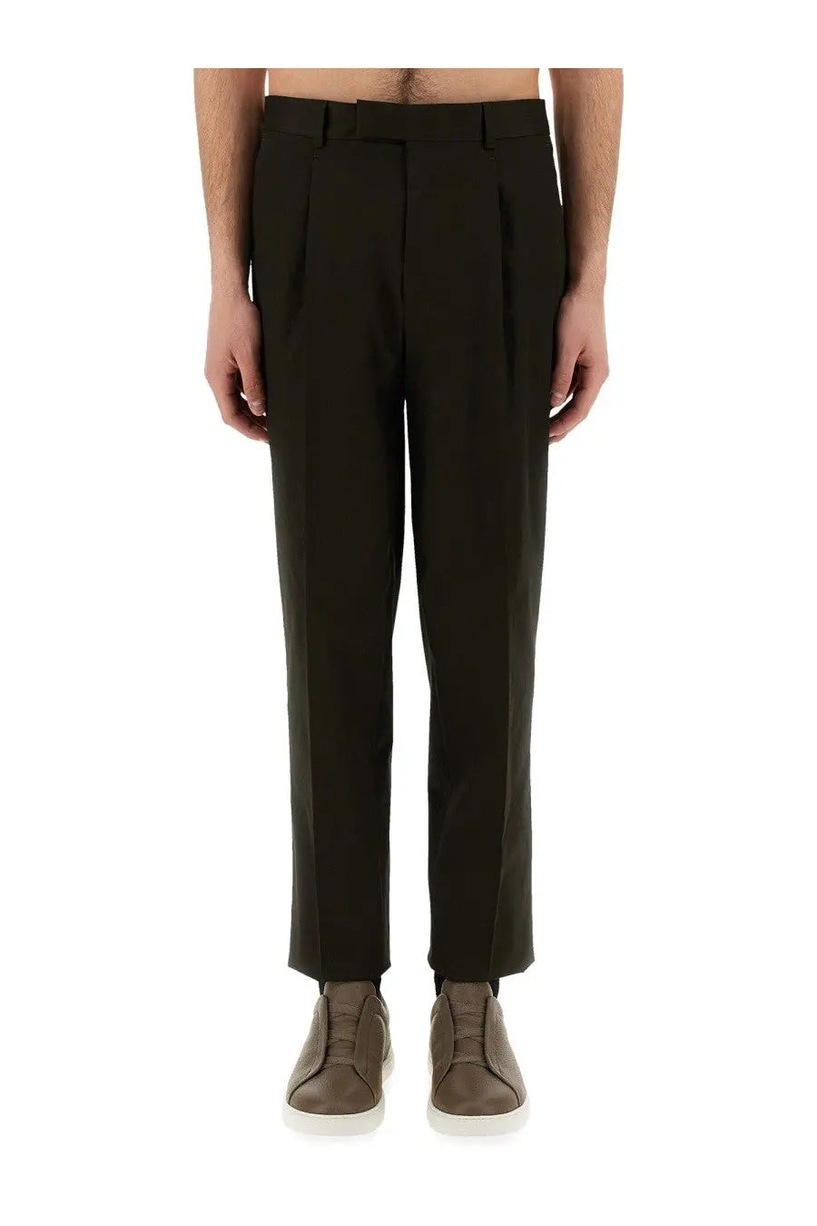 Dark olive pleated wool trousers with tailored fit and belt loop detail in zegna men’s pants brown collection