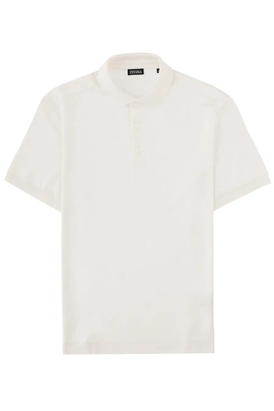 A crisp white zegna men’s polo shirt in cotone seta with short sleeves and classic collar with button placket