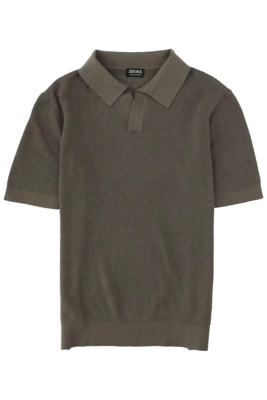 Zegna men’s polo jacquard in grey featuring an olive green knit short sleeve polo with classic collar and brand tag