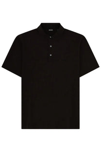 Zegna men’s regular fit black polo shirt with classic collar and three silver buttons featuring zegna label