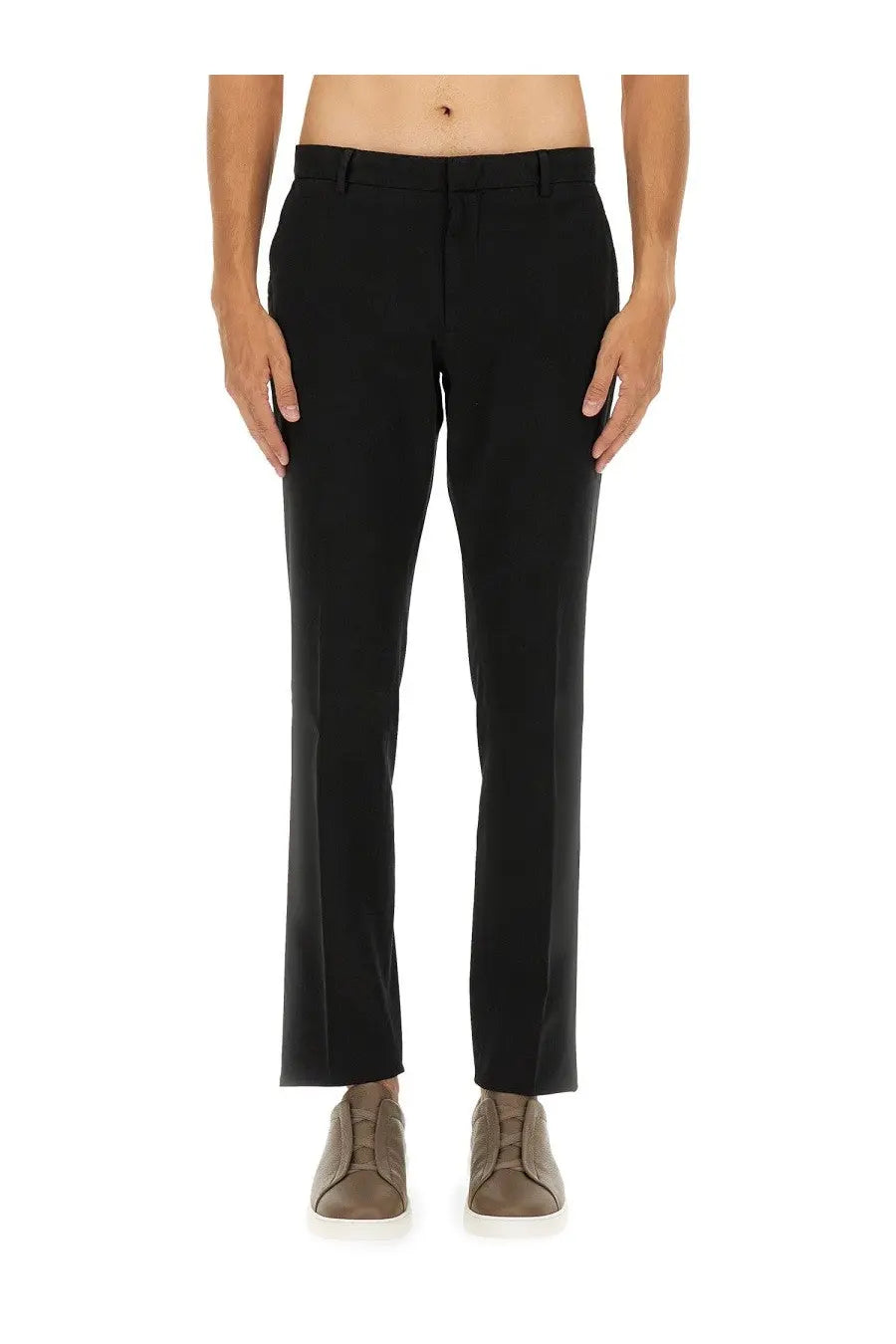 Zegna men’s premium cotton black tailored trousers with sleek straight-leg cut and subtle creases