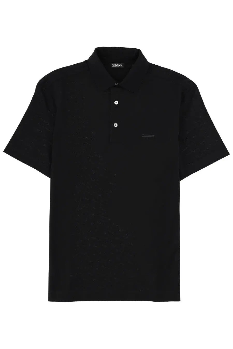 Zegna men’s regular fit black polo shirt with subtle textured weave and two white buttons in short sleeves