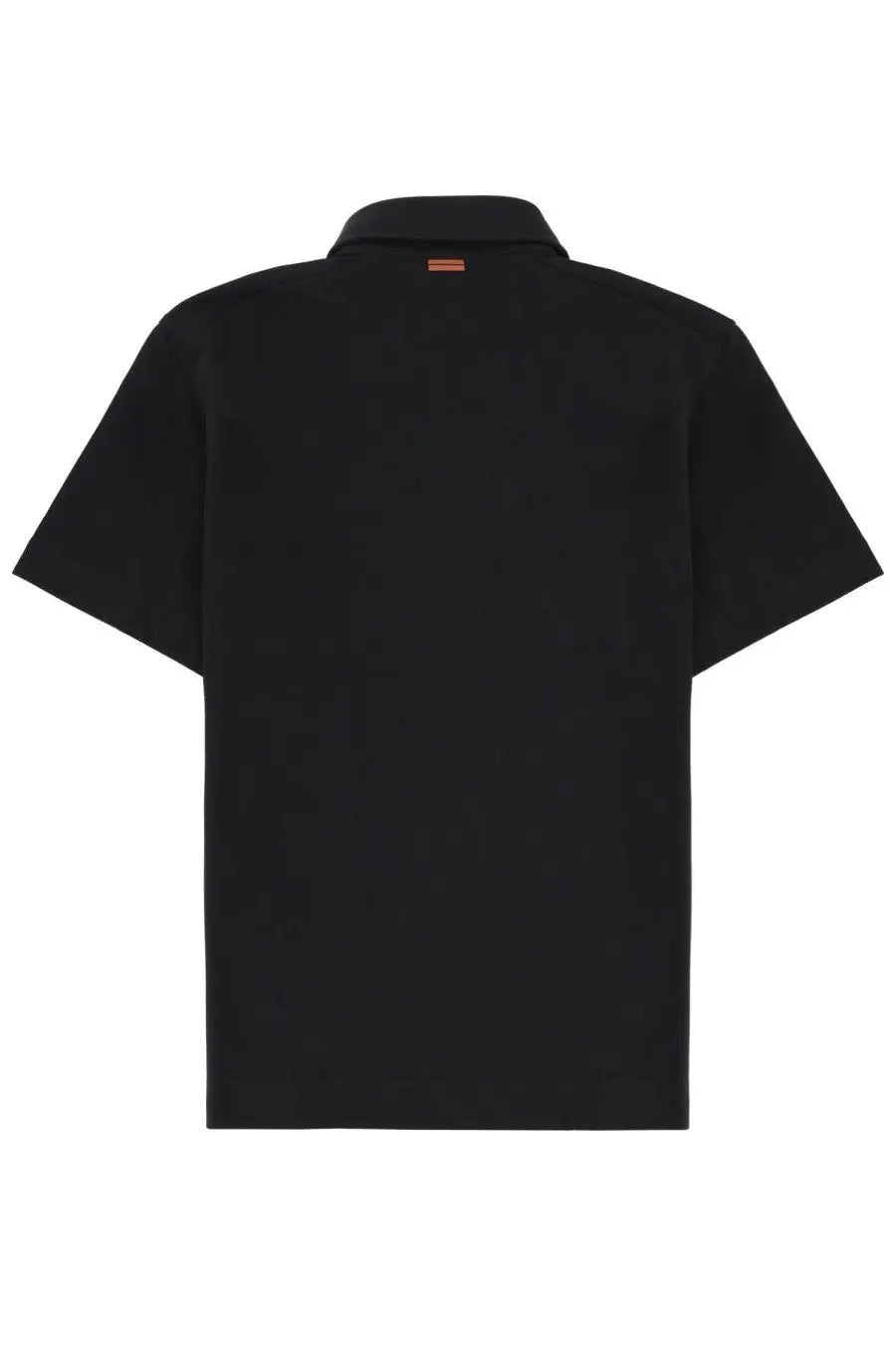 Zegna men’s regular fit black polo shirt with short sleeves and subtle orange tag at the collar