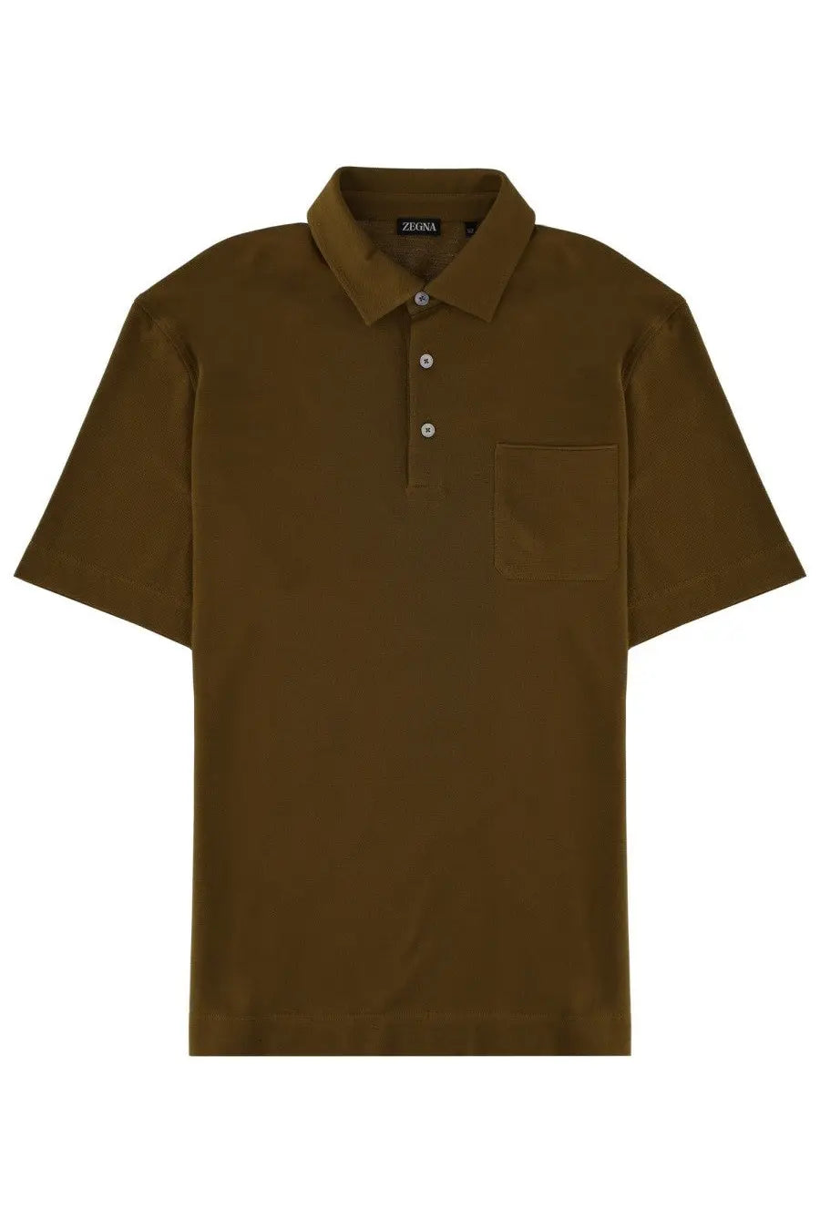 Zegna men’s regular fit olive green polo shirt with classic collar three-button placket and chest pocket