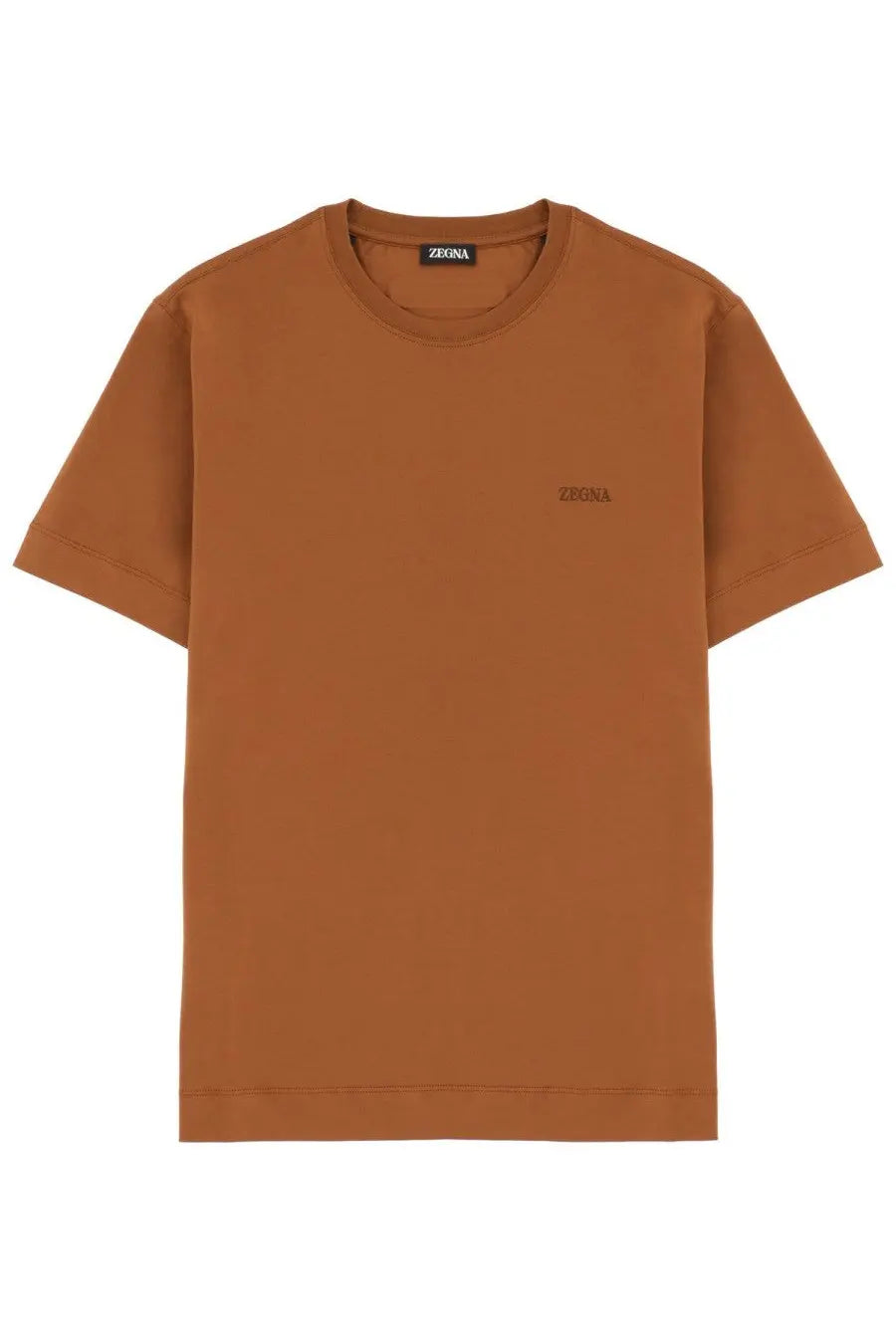 Zegna men’s rust-colored minimalist cotton t-shirt with subtle embroidered logo and small neckline tag