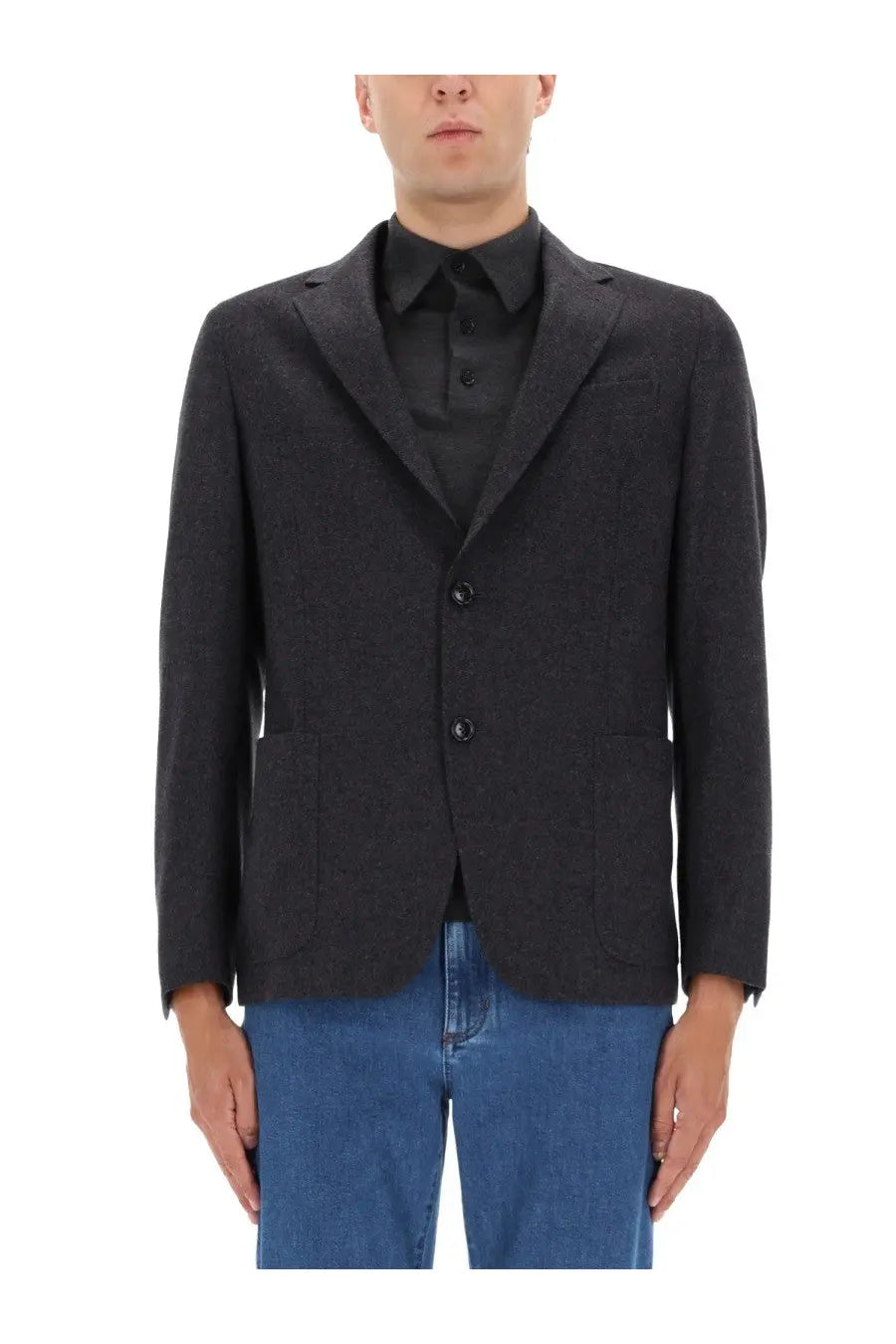 Zegna men’s shirt jacket grey in dark gray textured fabric with black buttons and flap pockets