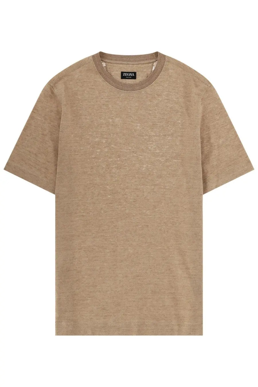Zegna men’s beige short-sleeved crew neck shirt made of textured oasi in lino fabric with a subtle woven pattern