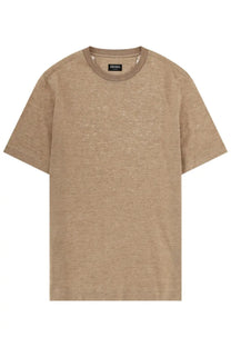 Zegna men’s beige short-sleeved crew neck shirt made of textured oasi in lino fabric with a subtle woven pattern