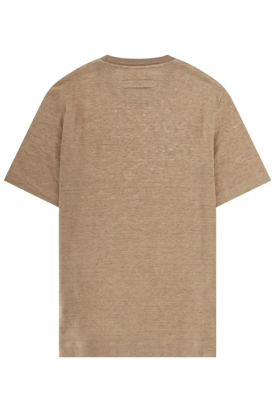 Zegna men’s beige short-sleeved shirt in linen with subtle textured fabric and simple crew neckline