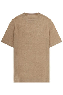 Zegna men’s beige short-sleeved shirt in linen with subtle textured fabric and simple crew neckline