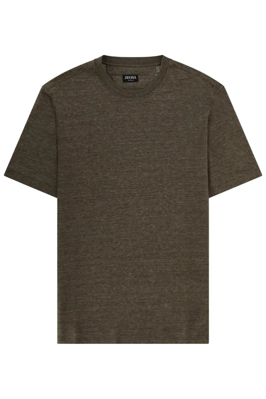 Olive green short-sleeved crew neck t-shirt with subtle heathered texture and black tag by Zegna in lino green