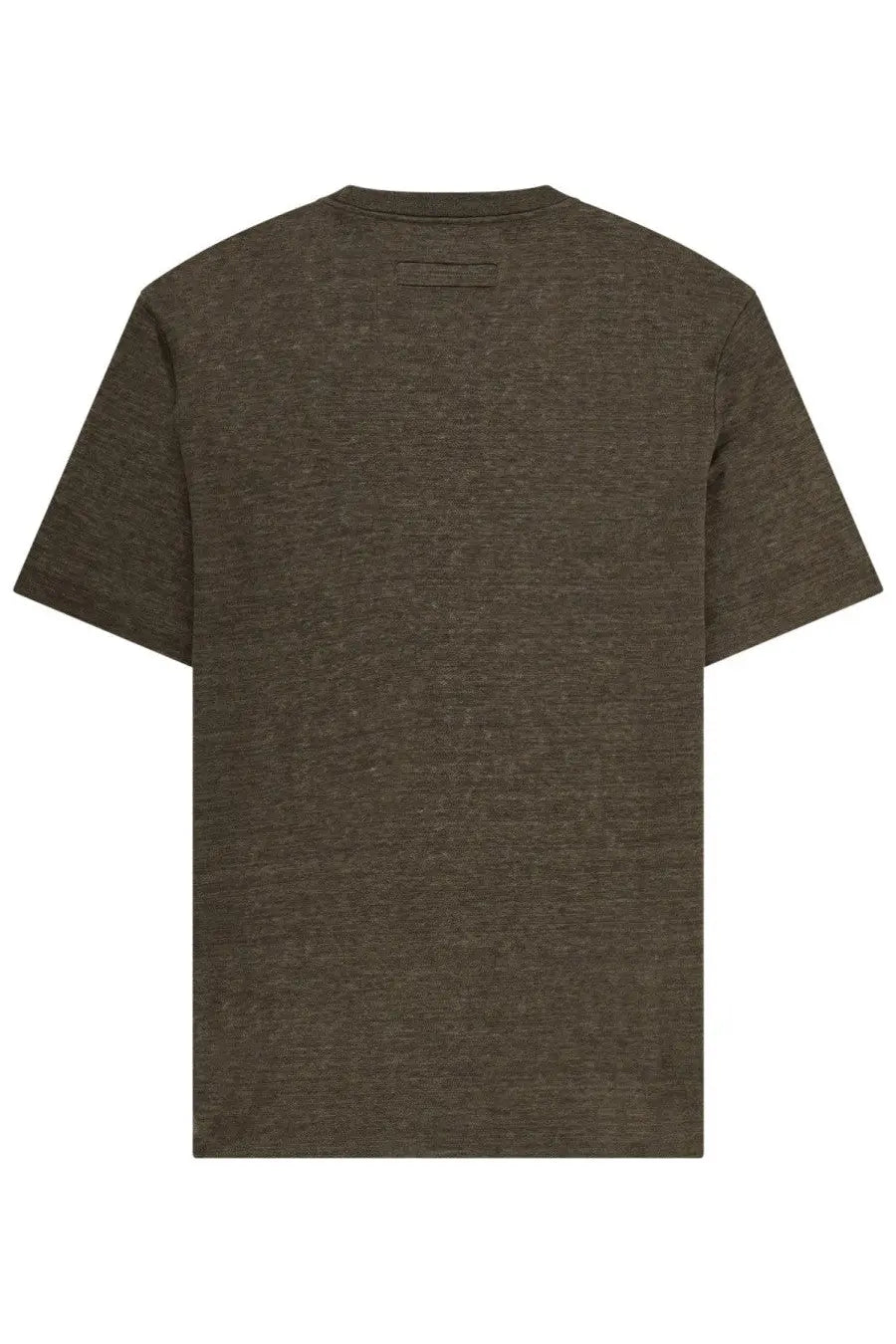 Zegna men’s olive green short-sleeved shirt in linen with subtle heathered texture and crew neckline