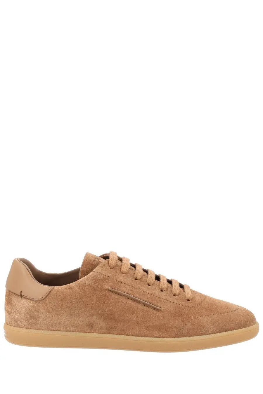 Zegna men’s sneaker beige tan suede low-top sneaker with matching laces and light beige rubber sole