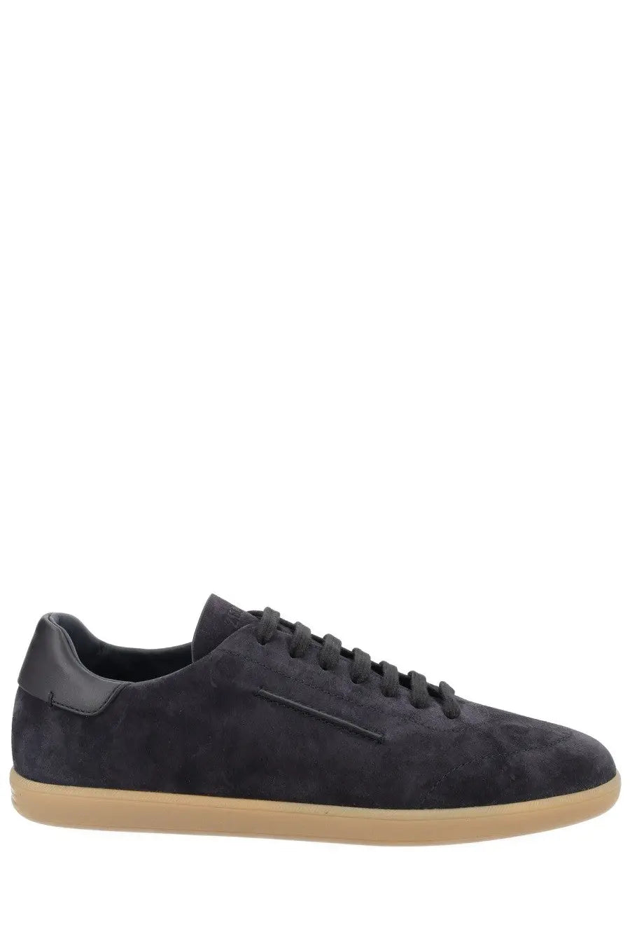 Zegna men’s sneaker brown featuring dark navy suede low-top design with tan rubber sole and black laces