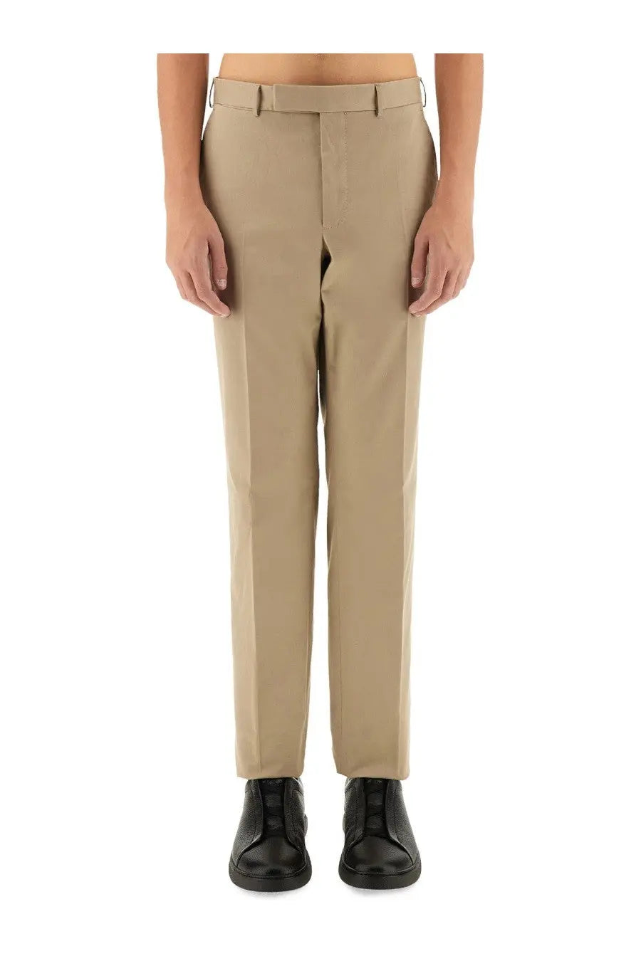 Zegna men’s straight leg beige khaki tailored dress pants with matching belt for formal and business wear