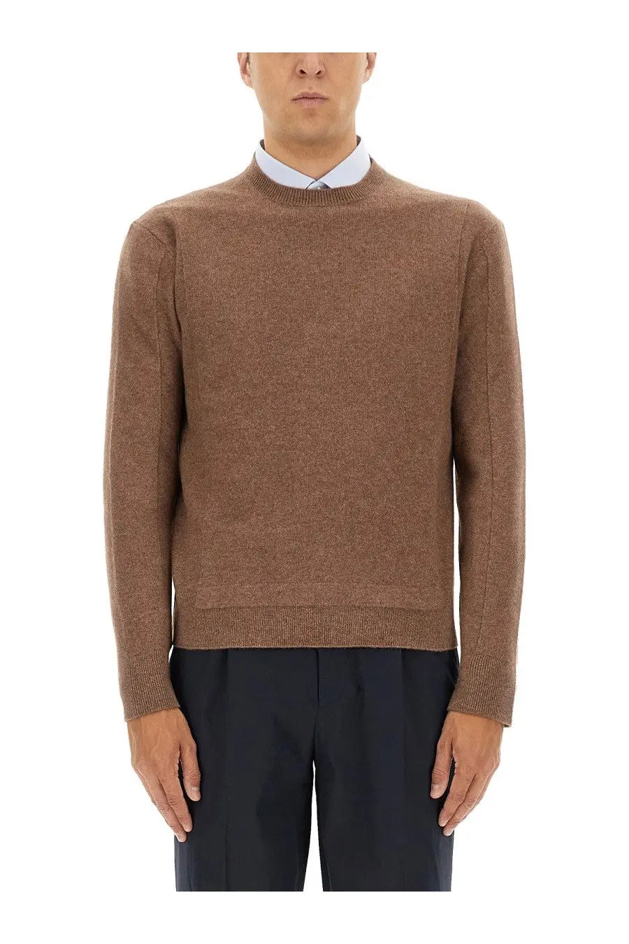Zegna men’s wool and cashmere crewneck sweater in warm earthy brown with fine knit texture and ribbed cuffs