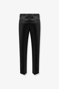 Black satin trousers with a sleek tailored fit and subtle back pockets shown from the back in zegna men’s wool trousers brown style