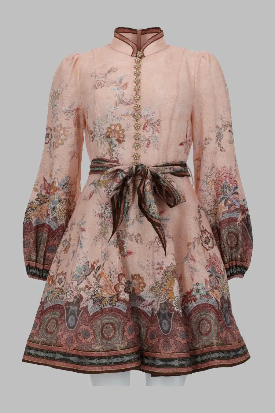 Zimmermann women’s abito corto con bottoni alchemy blue blush pink floral print dress with long puffed sleeves and high collar