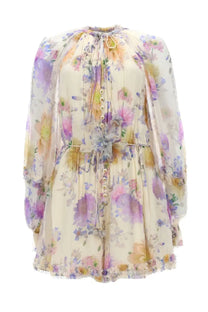 Zimmermann women’s abito luna ruffle long-sleeved floral dress in soft cream with pastel blossoms and gathered neckline