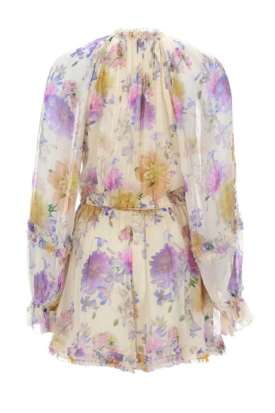 Zimmermann women’s abito luna ruffle long-sleeved floral dress in pastel lavender pink and yellow on creamy background