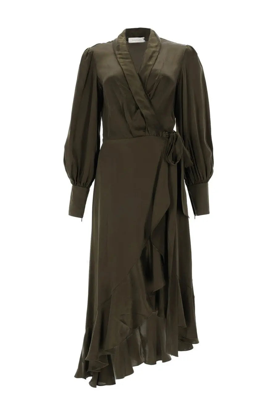 Zimmermann women’s olive green satin wrap midi dress with puffed sleeves and ruffled asymmetrical hem