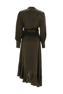 A sleek olive green satin wrap dress with puffed sleeves and a ruffled hem by Zimmermann Women’s Abito Midi in seta green