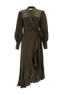 Zimmermann women’s abito midi olive green satin wrap dress with puffed sleeves and ruffled asymmetrical hem