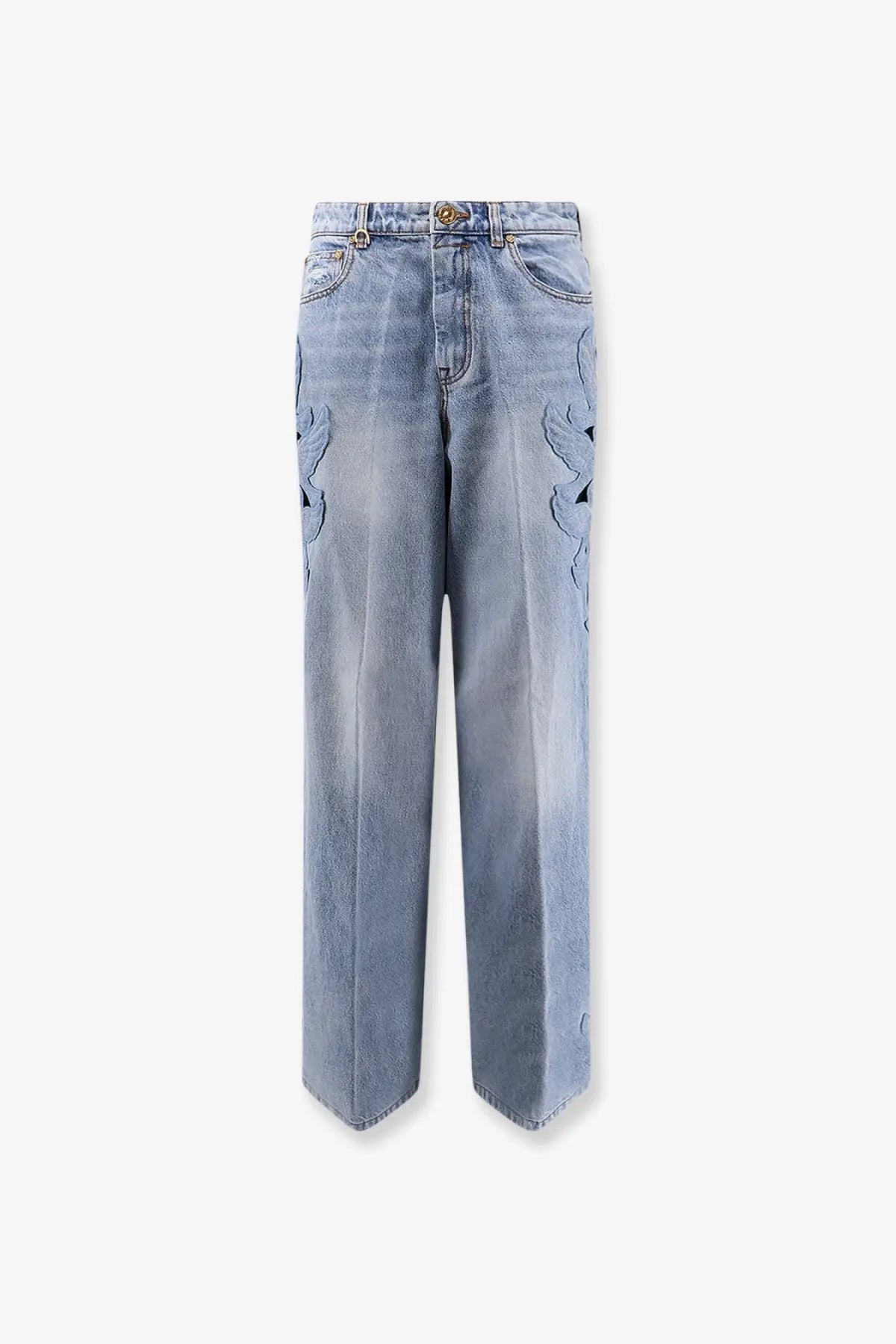 Zimmermann women’s alchemy applique light-wash denim jeans with embroidered wing designs on outer thighs