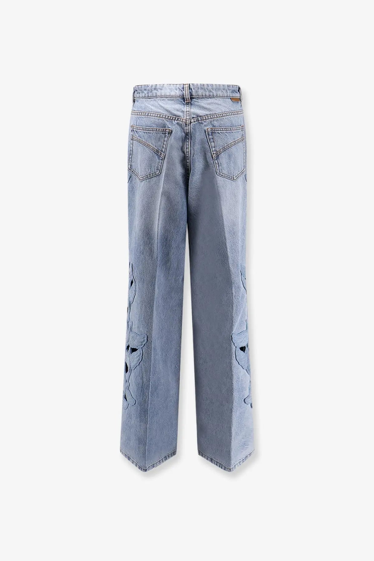 Zimmermann women’s alchemy applique relaxed flare blue denim jeans in seafoam with wide-leg and skull embroidery