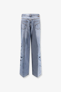 Zimmermann women’s alchemy applique relaxed flare blue denim jeans in seafoam with wide-leg and skull embroidery