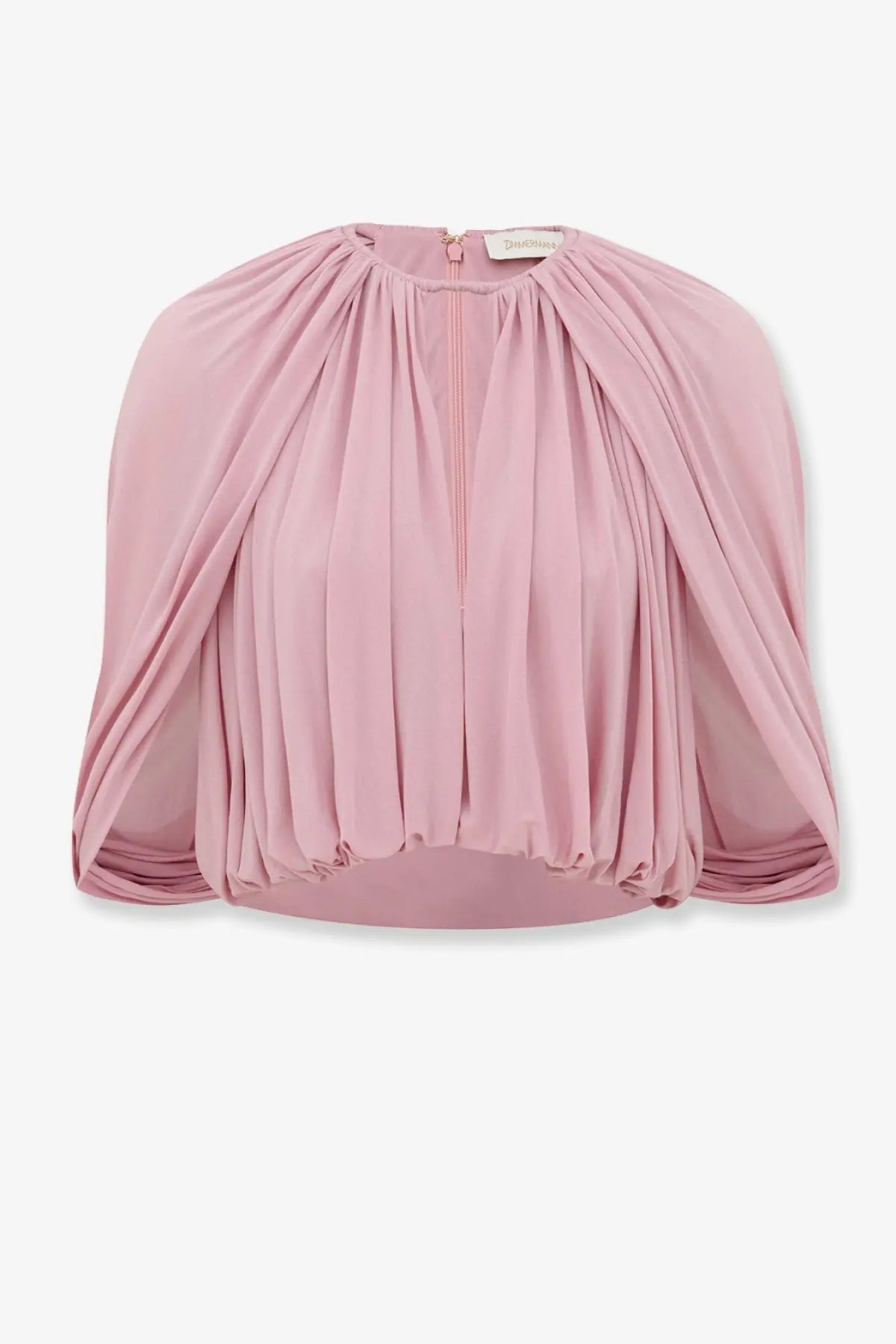 Zimmermann women’s alchemy cropped top in soft pink chiffon with gathered neckline and ruched sleeves