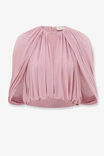 Zimmermann women’s alchemy cropped top in soft pink chiffon with gathered neckline and ruched sleeves