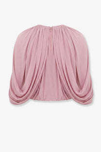 Zimmermann women’s alchemy cropped top blue shown from the back soft pink chiffon with dramatic draped sleeves and zipper