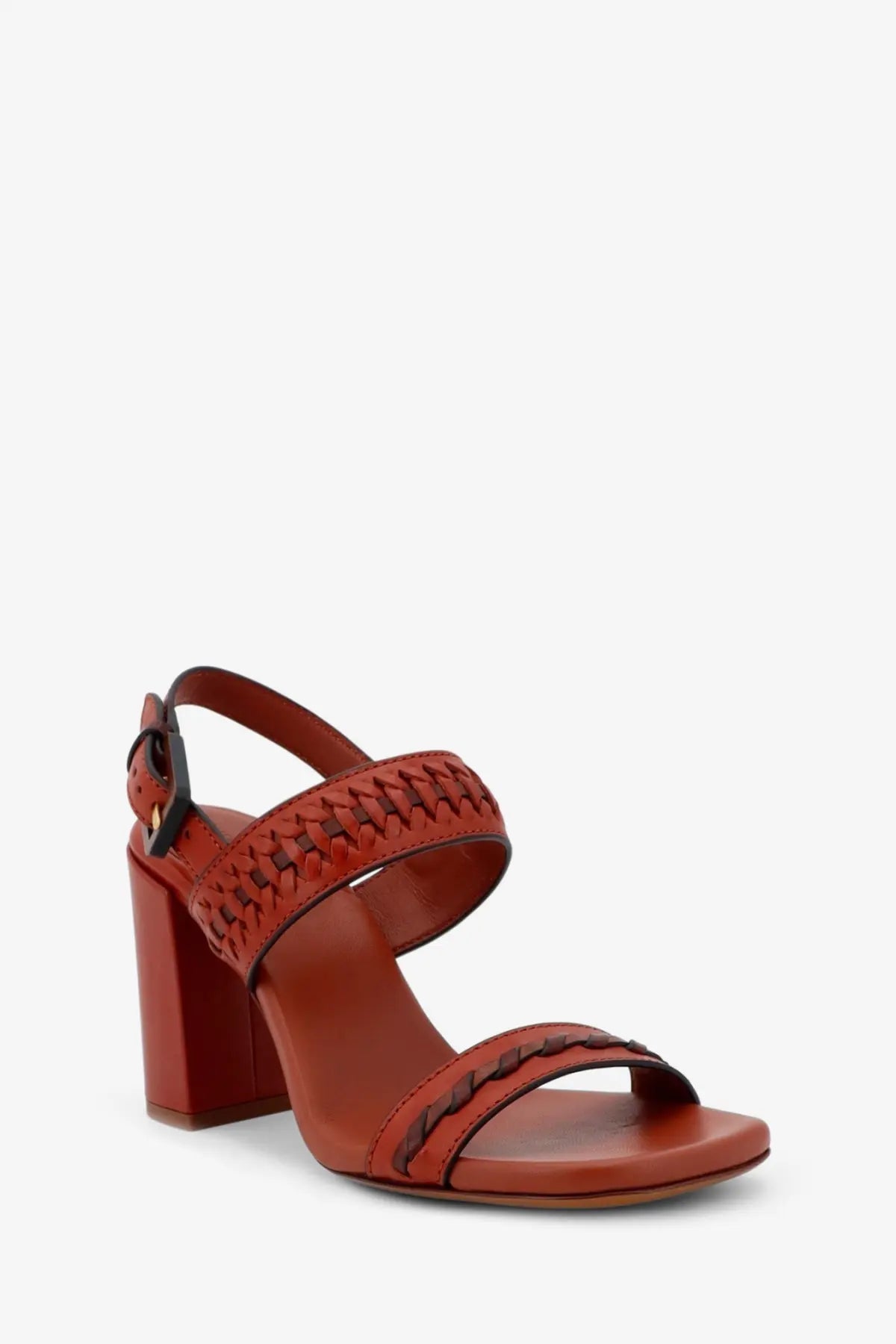 Zimmermann women’s alchemy leather brown sandal with woven strap details and block heel front view