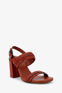 Zimmermann women’s alchemy leather brown sandal with woven strap details and block heel front view